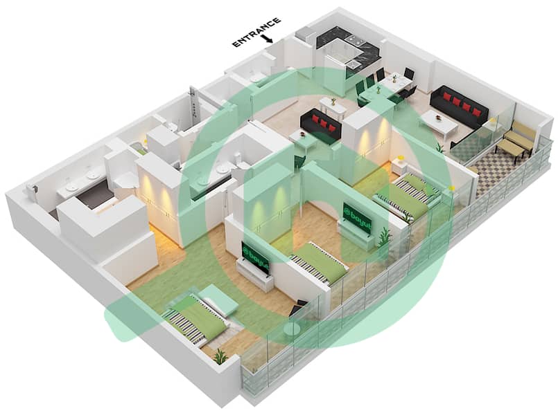 Rixos Dubai Islands Hotel & Residences - 3 Bedroom Apartment Unit 4 FLOOR 3 OPTION 1 Floor plan Unit 4 Floor 3 Option 1 interactive3D