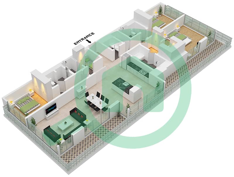 المخططات الطابقية لتصميم الوحدة 2 FLOOR 5-7 شقة 3 غرف نوم - فندق ومساكن ريكسوس جزر دبي Unit 2 Floor 5-7 interactive3D