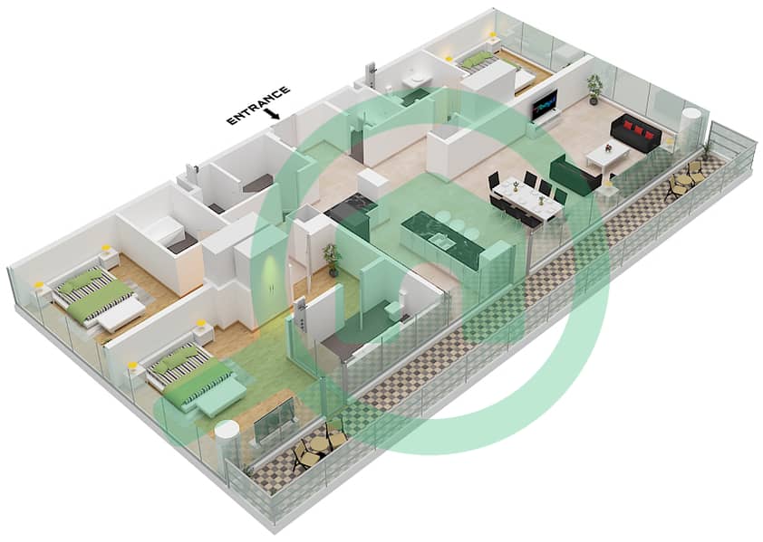 Porto Playa - 3 Bedroom Apartment Type/unit B / UNIT E1,W1 Floor plan Type B Unit W1 Floor 1-2,7 
Unit E1,W1 Floor 8 interactive3D