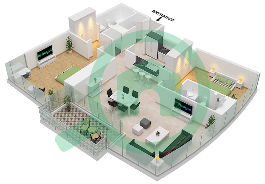 Burj Vista 1 - 2 Bedroom Apartment Unit 6 FLOOR-26,28,30,32,34,36 Floor plan Unit 6 Floor-26,28,30,32,34,36,38,40,42,44,46 interactive3D