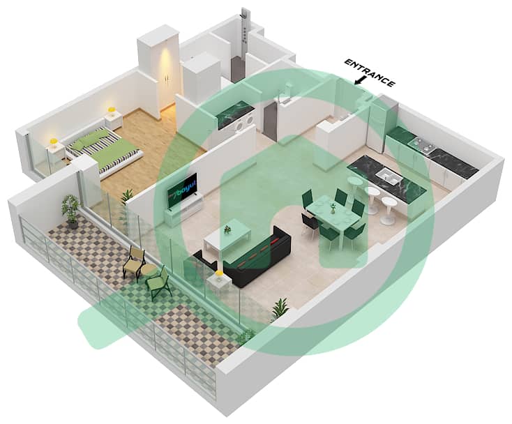 المخططات الطابقية لتصميم النموذج B2 شقة 1 غرفة نوم - بناية 4A Type B2 interactive3D