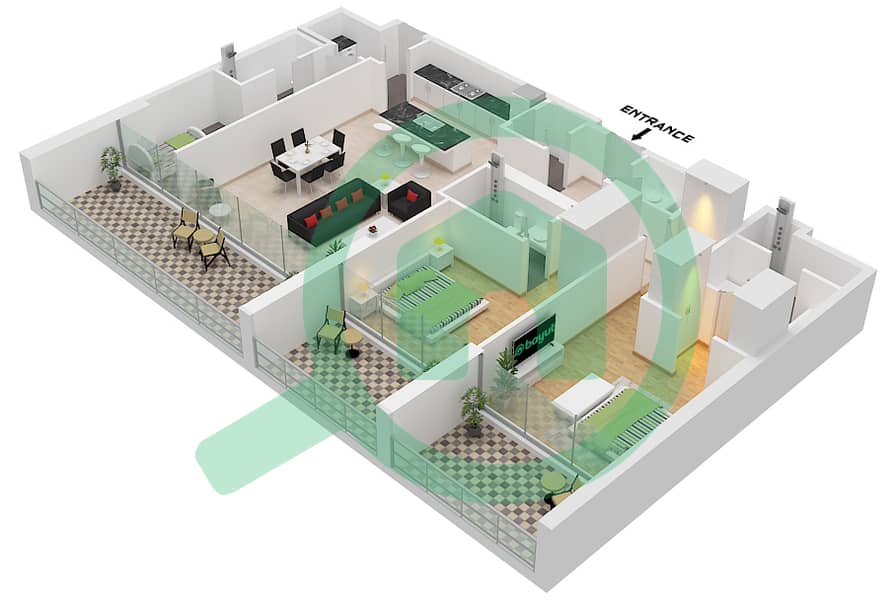 المخططات الطابقية لتصميم النموذج A شقة 2 غرفة نوم - بناية 4A Type A interactive3D