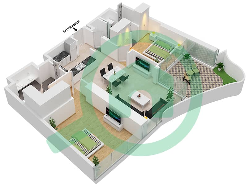 المخططات الطابقية لتصميم النموذج B FLOOR 6-21,23-38 شقة 2 غرفة نوم - صفا وان برج A Type A Floor 6-21,23-38 interactive3D