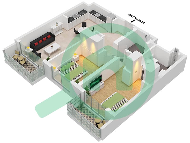 Санридж - Апартамент 2 Cпальни планировка Тип/мера 1A / UNIT 13,17 FLOOR 1-5 "Type 1A Unit 17 Floor 1-4 
Unit 13 Floor 5" interactive3D