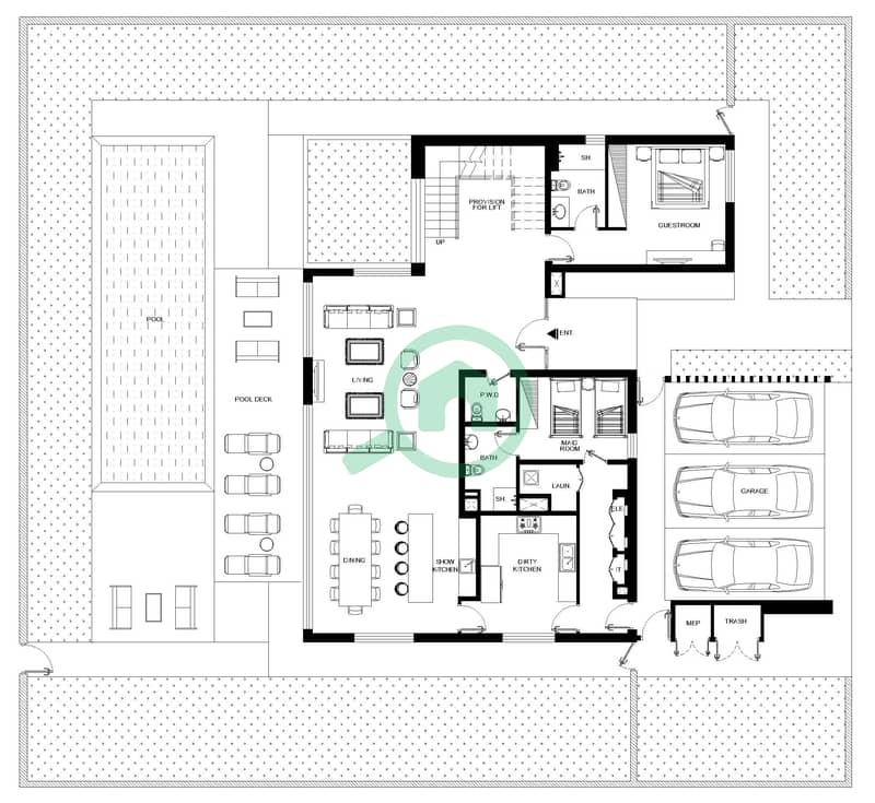 المخططات الطابقية لتصميم النموذج B MIRROR فیلا 5 غرف نوم - فارم جاردنز Type B Mirror Ground Floor interactive3D