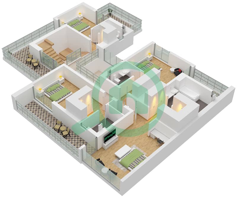 المخططات الطابقية لتصميم النموذج B MIRROR فیلا 5 غرف نوم - فارم جاردنز Type B Mirror First Floor interactive3D