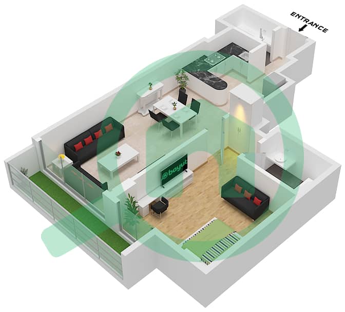 Binghatti Galaxy Tower A - Апартамент 1 Спальня планировка Тип 3 Type 3 interactive3D
