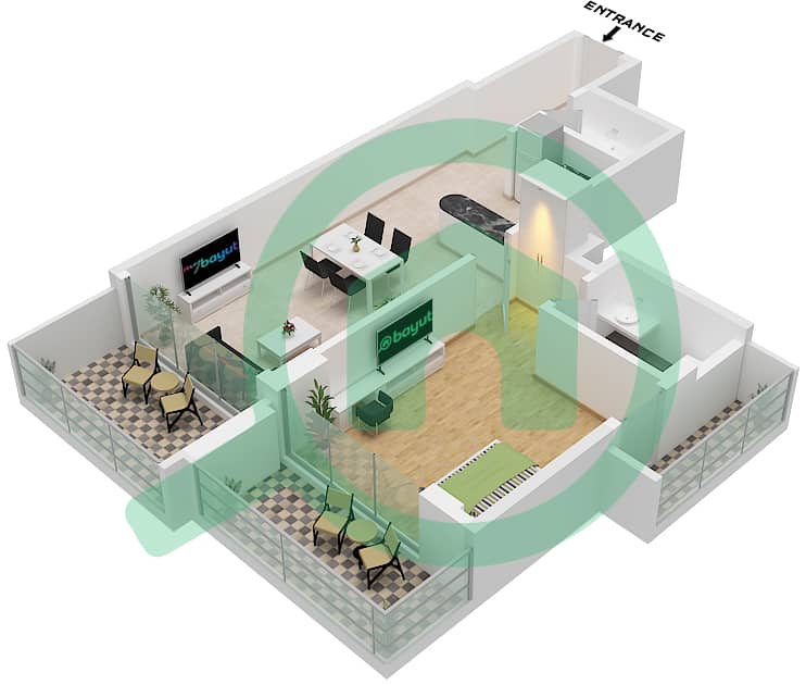 المخططات الطابقية لتصميم النموذج 10 شقة 1 غرفة نوم - بن غاطي جالاكسي برج A Type 10 interactive3D
