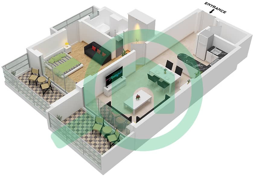 المخططات الطابقية لتصميم النموذج 13 شقة 1 غرفة نوم - بن غاطي جالاكسي برج A Type 13 interactive3D