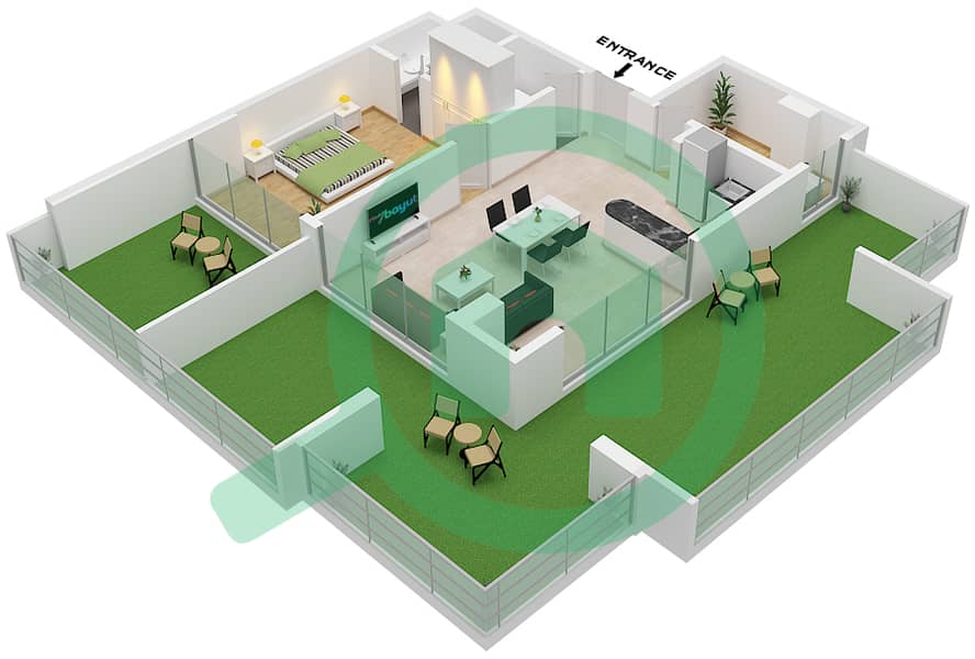 المخططات الطابقية لتصميم النموذج 14 شقة 1 غرفة نوم - بن غاطي جالاكسي برج A Type 14 interactive3D