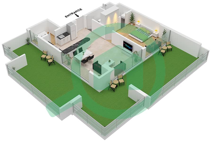 المخططات الطابقية لتصميم النموذج 15 شقة 1 غرفة نوم - بن غاطي جالاكسي برج A Type 15 interactive3D