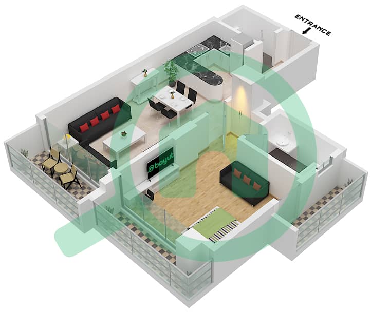 المخططات الطابقية لتصميم النموذج 19 شقة 1 غرفة نوم - بن غاطي جالاكسي برج A Type 19 interactive3D