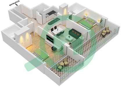 المخططات الطابقية لتصميم النموذج 2 شقة 2 غرفة نوم - بن غاطي جالاكسي برج A