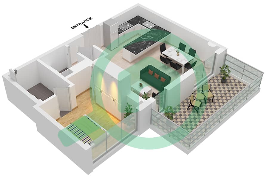 المخططات الطابقية لتصميم النموذج B شقة 1 غرفة نوم - ذا نايبرهود Type  B interactive3D