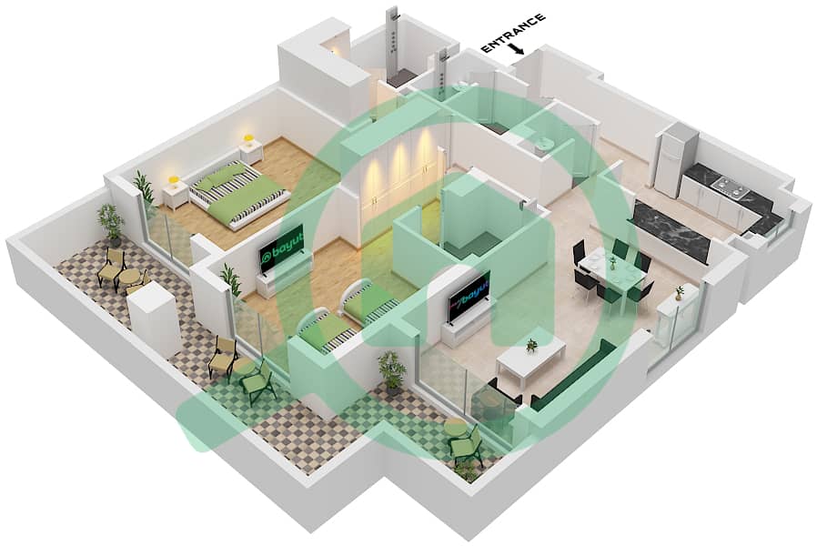Элеганз бай Дануб - Апартамент 2 Cпальни планировка Тип/мера F/UNIT 5,16 GROUND FLOOR Type F Unit 5,16 Ground Floor Tower 2 interactive3D