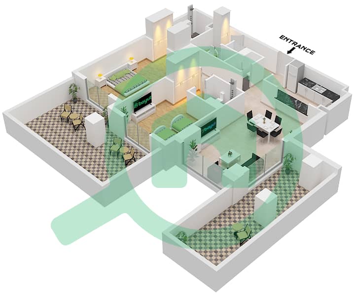 多瑙河畔优雅公寓 - 2 卧室公寓类型／单位K / UNIT 1 GROUND FLOOR戶型图 Type K Unit 1 Ground Floor Tower 2 interactive3D