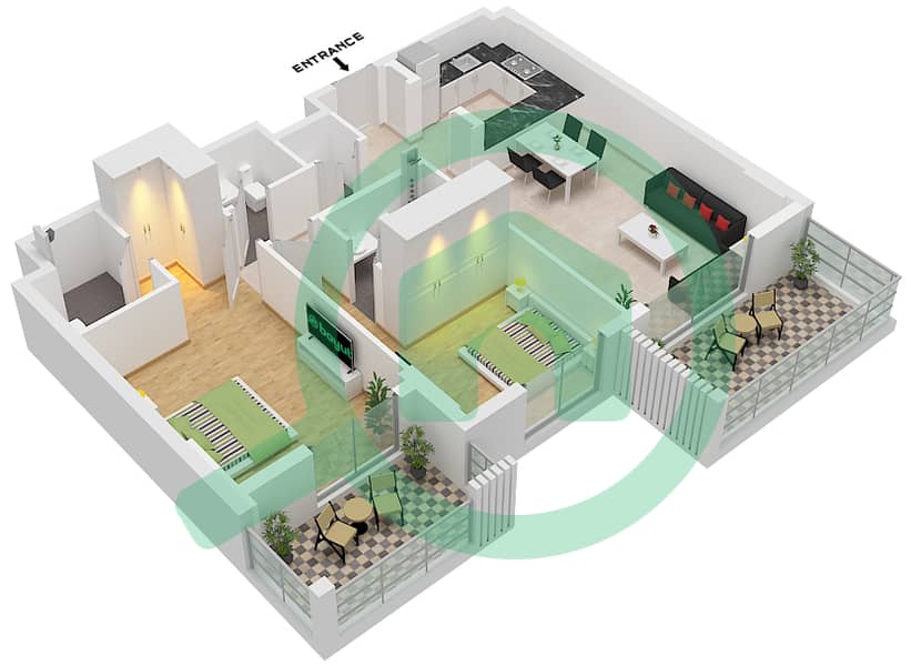 灵气优雅公馆 - 2 卧室公寓类型A-2戶型图 Type A-2 interactive3D