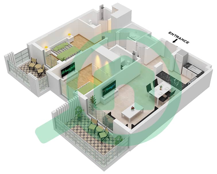 المخططات الطابقية لتصميم النموذج A-1 شقة 2 غرفة نوم - اورا إليجانس Type A-1 interactive3D