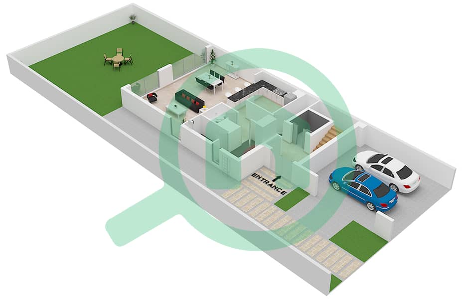 المخططات الطابقية لتصميم النموذج A تاون هاوس 4 غرف نوم - اوبال جاردنز Type A Ground Floor interactive3D