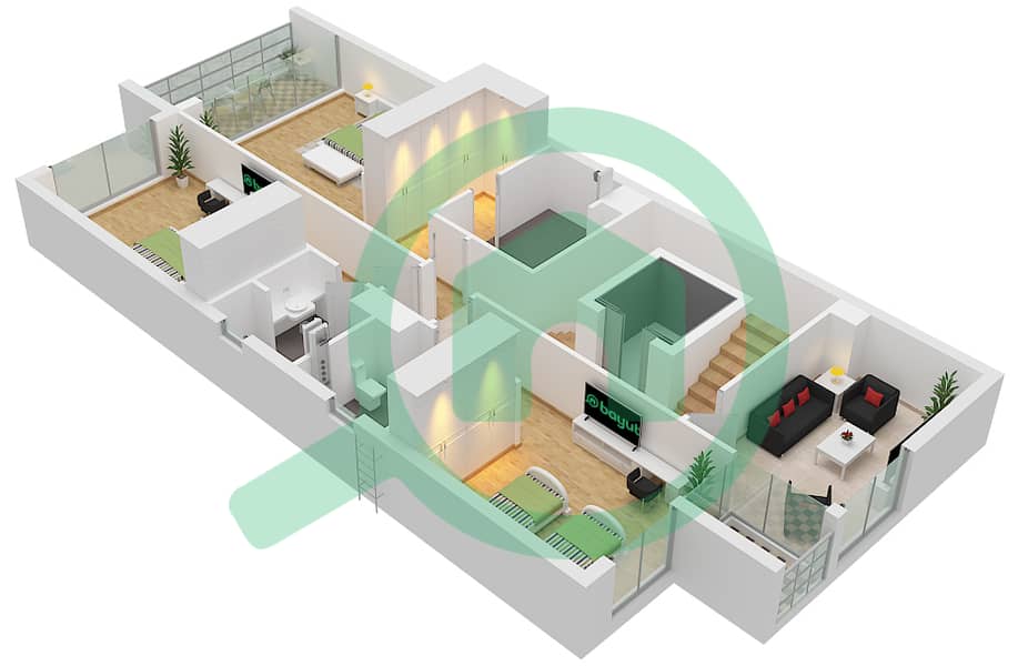 المخططات الطابقية لتصميم النموذج A تاون هاوس 4 غرف نوم - اوبال جاردنز Type A First Floor interactive3D