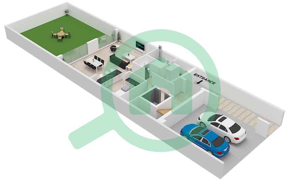المخططات الطابقية لتصميم النموذج C تاون هاوس 4 غرف نوم - اوبال جاردنز Type C Ground Floor interactive3D