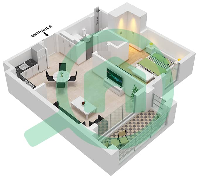 المخططات الطابقية لتصميم الوحدة 6 FLOOR 1 شقة 1 غرفة نوم - سيدار في شاطئ الخور بناية 2 Unit 6 Floor 1 interactive3D