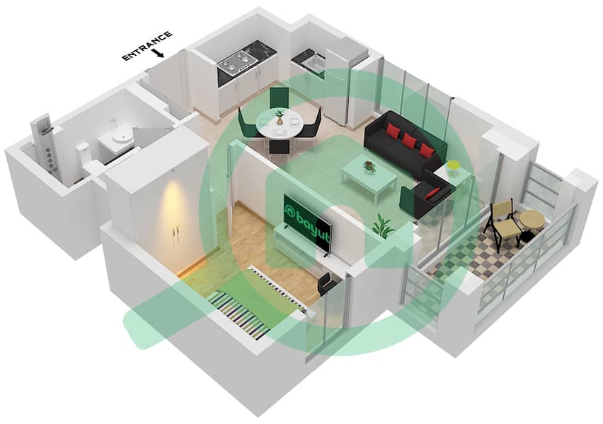 溪滩雪松 2 号楼 - 1 卧室公寓单位9 FLOOR 1戶型图 Unit 9 Floor 1 interactive3D