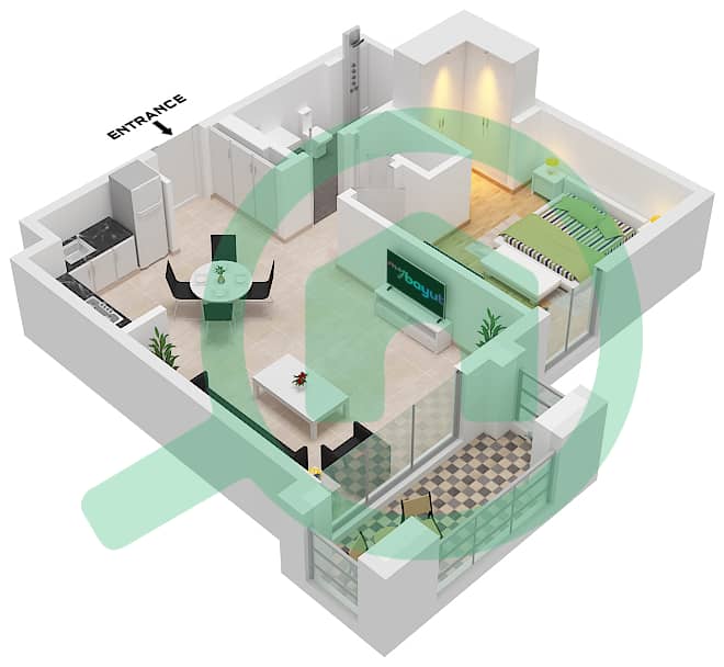 المخططات الطابقية لتصميم الوحدة 1 FLOOR 2-7 شقة 1 غرفة نوم - سيدار في شاطئ الخور بناية 2 Unit 1 Floor 2-7 interactive3D
