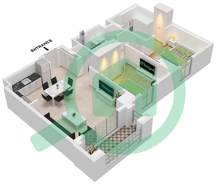 溪滩雪松 2 号楼 - 2 卧室公寓单位2 FLOOR 2-7戶型图 Unit 2 Floor 2-7 interactive3D