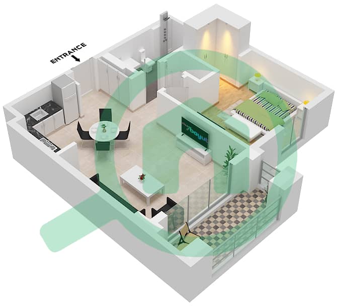 溪滩雪松 2 号楼 - 1 卧室公寓单位5 FLOOR 2-7戶型图 Unit 5 Floor 2-7 interactive3D