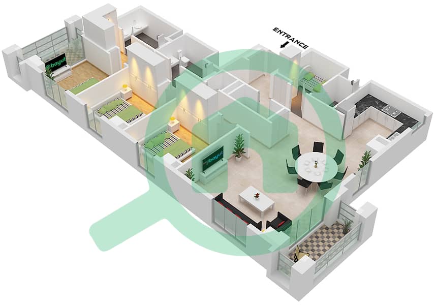 溪滩雪松 2 号楼 - 3 卧室公寓单位10 FLOOR 2-7戶型图 Unit 10 Floor 2-7 interactive3D