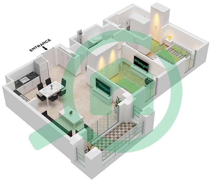 المخططات الطابقية لتصميم الوحدة 9 FLOOR 2-7 شقة 2 غرفة نوم - سيدار في شاطئ الخور بناية 2 Unit 9 Floor 2-7 interactive3D