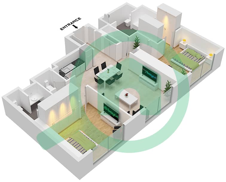 المخططات الطابقية لتصميم النموذج / الوحدة C1/UNIT 1 FLOOR PODIUM2 شقة 2 غرفة نوم - ذا سانت ريجيس رزيدنسز برج 1 Type C1 Unit 1 Floor Podium2 interactive3D