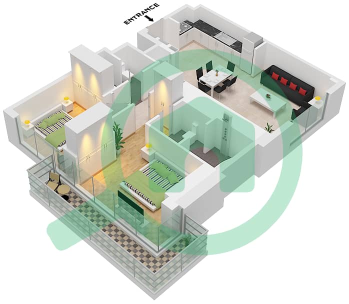 المخططات الطابقية لتصميم النموذج / الوحدة A/UNIT 4 FLOOR PODIUM2 شقة 2 غرفة نوم - ذا سانت ريجيس رزيدنسز برج 1 Type A Unit 4 Floor Podium2 interactive3D