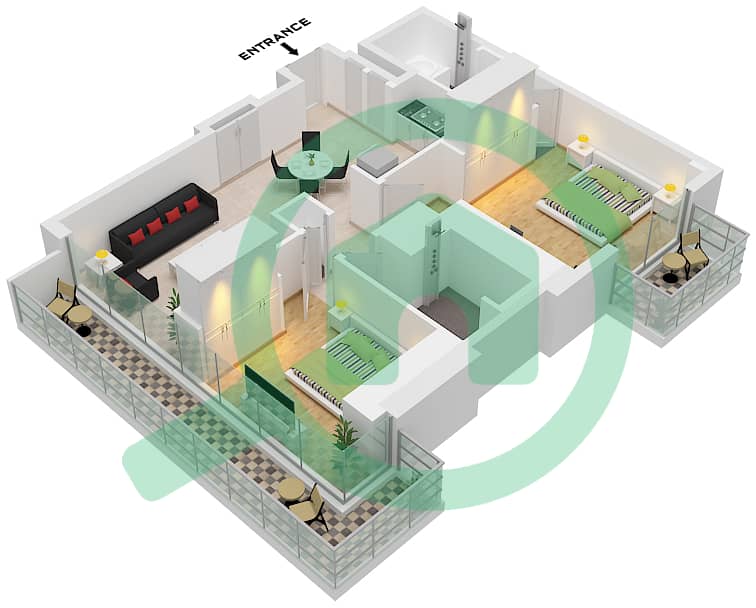 المخططات الطابقية لتصميم النموذج / الوحدة A2 / UNIT 3,11 FLOOR 4-20 شقة 2 غرفة نوم - ذا سانت ريجيس رزيدنسز برج 1 Type A2 Unit 3,11 Floor 4-20 interactive3D