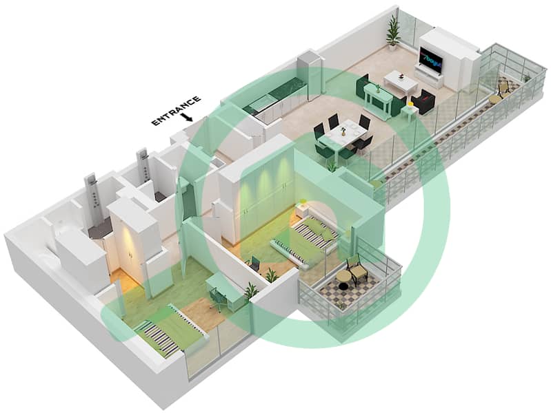 المخططات الطابقية لتصميم النموذج / الوحدة H / UNIT 2,3 FLOOR 21 شقة 2 غرفة نوم - ذا سانت ريجيس رزيدنسز برج 1 Type H Unit 2,3 Floor 21 interactive3D