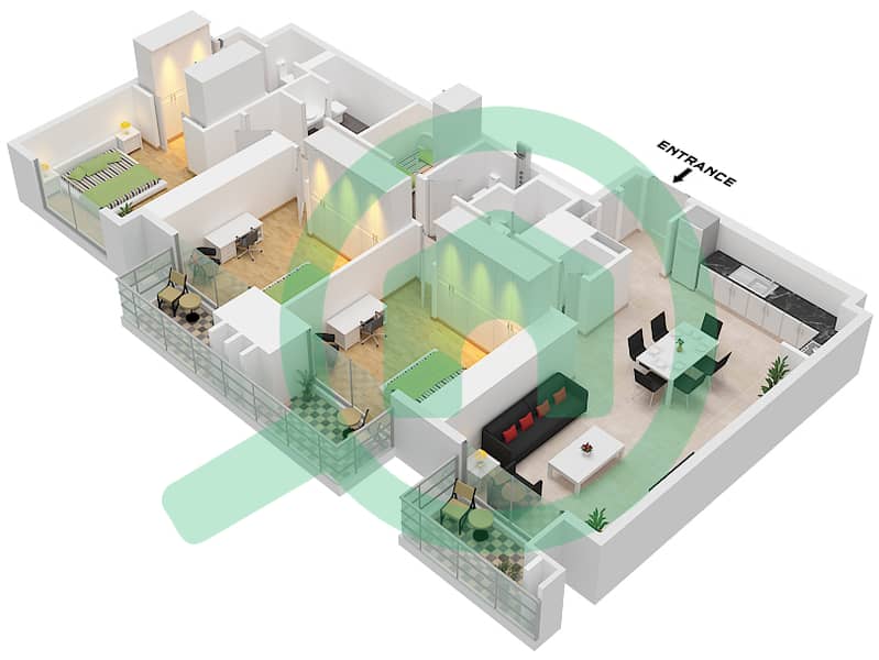 المخططات الطابقية لتصميم النموذج / الوحدة C / UNIT 1 FLOOR 22 شقة 3 غرف نوم - ذا سانت ريجيس رزيدنسز برج 1 Type C Unit 1 Floor 22 interactive3D