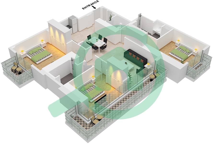 المخططات الطابقية لتصميم النموذج / الوحدة A1 / UNIT 2 FLOOR 22 شقة 3 غرف نوم - ذا سانت ريجيس رزيدنسز برج 1 Type A1 Unit 2 Floor 22 interactive3D