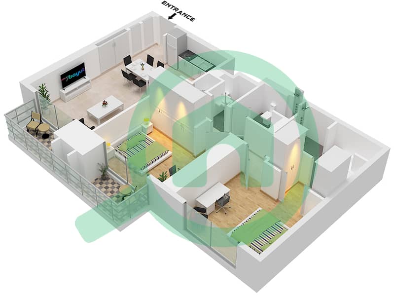 المخططات الطابقية لتصميم النموذج / الوحدة D / UNIT 6 FLOOR 22 شقة 2 غرفة نوم - ذا سانت ريجيس رزيدنسز برج 1 Type D Unit 6 Floor 22 interactive3D
