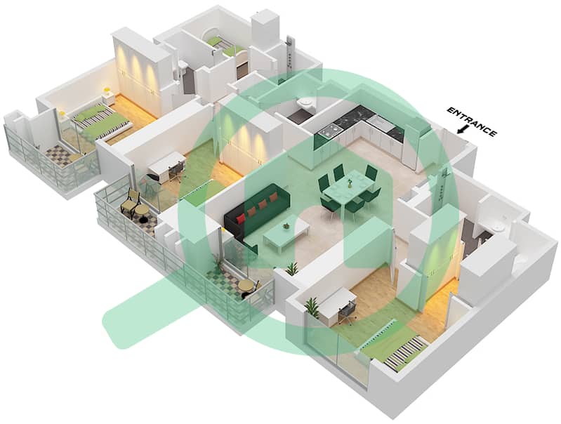 المخططات الطابقية لتصميم النموذج / الوحدة B / UNIT 10 FLOOR 22 شقة 3 غرف نوم - ذا سانت ريجيس رزيدنسز برج 1 Type B Unit 10 Floor 22 interactive3D