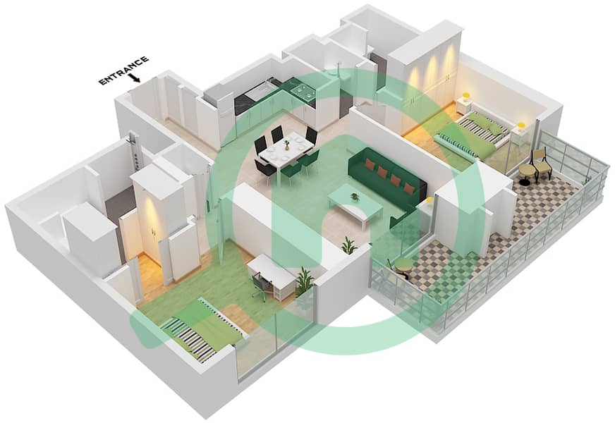 المخططات الطابقية لتصميم النموذج / الوحدة E1 / UNIT 5 FLOOR 23-42 شقة 2 غرفة نوم - ذا سانت ريجيس رزيدنسز برج 1 Type E1 Unit 5 Floor 23-42 interactive3D