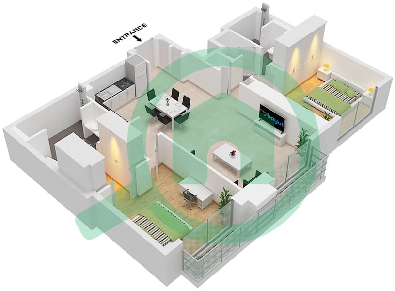 المخططات الطابقية لتصميم النموذج / الوحدة G / UNIT 11 FLOOR 44 شقة 2 غرفة نوم - ذا سانت ريجيس رزيدنسز برج 1 Type G Unit 11 Floor 44 interactive3D