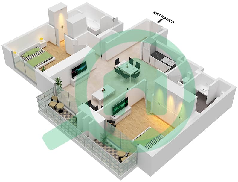 المخططات الطابقية لتصميم النموذج / الوحدة E3 / UNIT 6 FLOOR 45-64 شقة 2 غرفة نوم - ذا سانت ريجيس رزيدنسز برج 1 Type E3 Unit 6 Floor 45-64 interactive3D