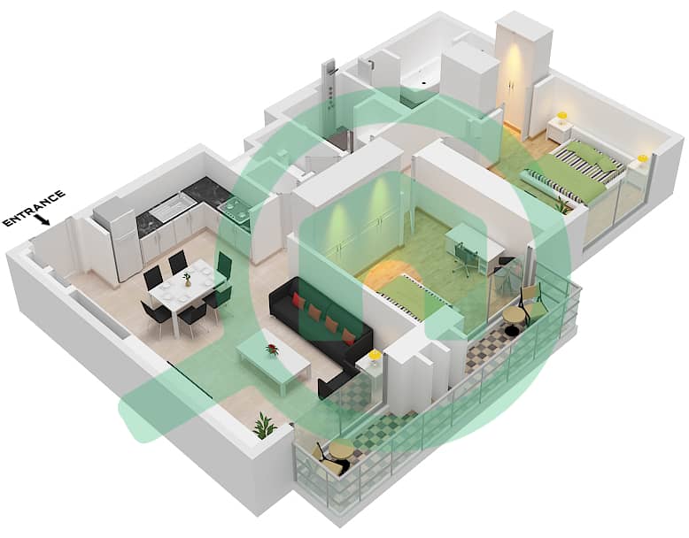 المخططات الطابقية لتصميم النموذج / الوحدة D3 / UNIT 7 FLOOR 45-64 شقة 2 غرفة نوم - ذا سانت ريجيس رزيدنسز برج 1 Type D3 Unit 7 Floor 45-64 interactive3D