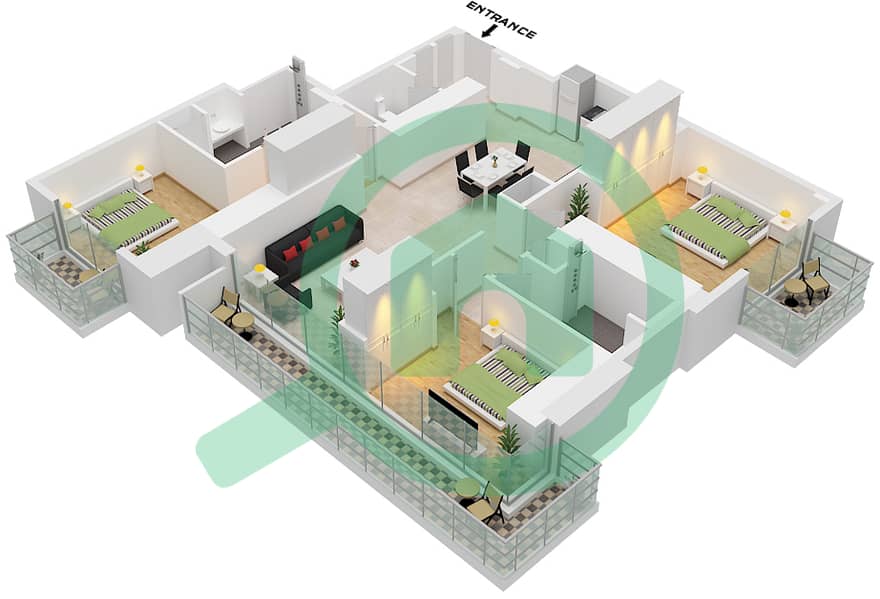 المخططات الطابقية لتصميم النموذج / الوحدة D / UNIT 10 FLOOR 45-64 شقة 3 غرف نوم - ذا سانت ريجيس رزيدنسز برج 1 Type D Unit 10 Floor 45-64 interactive3D