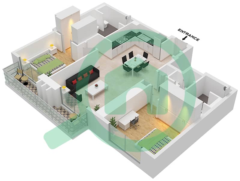 المخططات الطابقية لتصميم النموذج / الوحدة G1 / UNIT 11 FLOOR 45-64 شقة 2 غرفة نوم - ذا سانت ريجيس رزيدنسز برج 1 Type G1 Unit 11 Floor 45-64 interactive3D