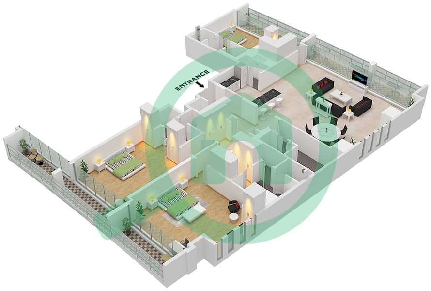 Ройал Атлантис Резорт - Апартамент 3 Cпальни планировка Тип/мера 9 / UNIT 1 FLOOR 30,31,32 "Type 9 Unit 1 Floor 30,31,32
Unit 3 Floor 23,24
Unit 8 Floor 6,7,8,15,16" interactive3D