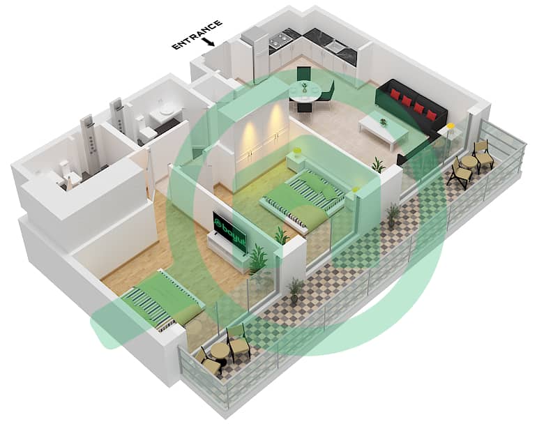 Гольф Гранд - Апартамент 2 Cпальни планировка Тип/мера 2A / UNIT 1,4 FLOOR 1 Type 2A Unit 1,4 Floor 1 interactive3D