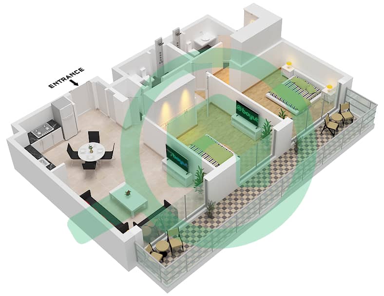 Гольф Гранд - Апартамент 2 Cпальни планировка Тип/мера 2B / UNIT 2 FLOOR 1 Type 2B Unit 2 Floor 1 interactive3D