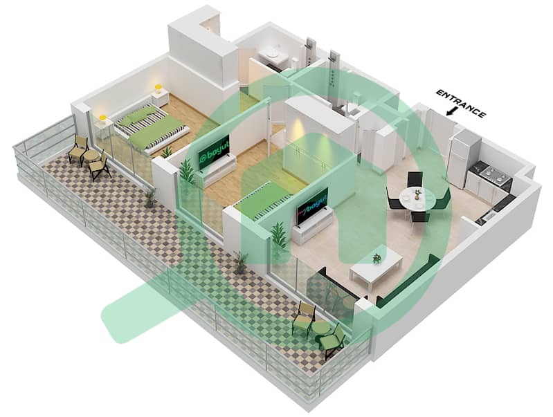 Гольф Гранд - Апартамент 2 Cпальни планировка Тип/мера 4B / UNIT 5 FLOOR GROUND Type 4B Unit 5 Floor Ground interactive3D
